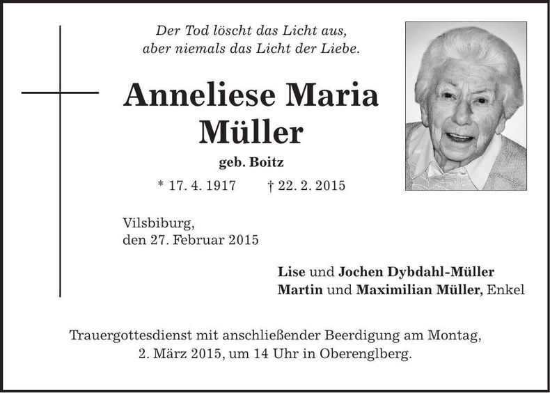 Traueranzeige Anneliese Maria Müller