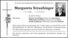 Traueranzeige Margareta Straubinger