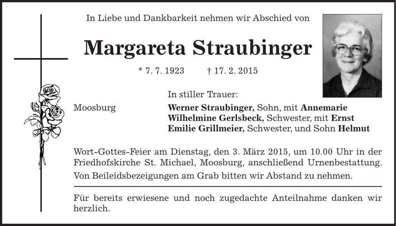 Traueranzeige Margareta Straubinger