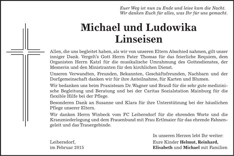 Traueranzeige Michael und Ludowika Linseisen