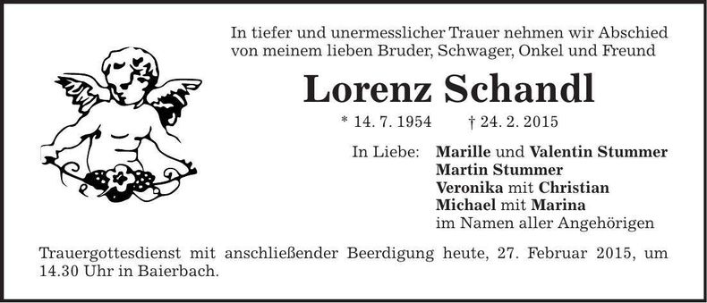 Traueranzeige Lorenz Schandl
