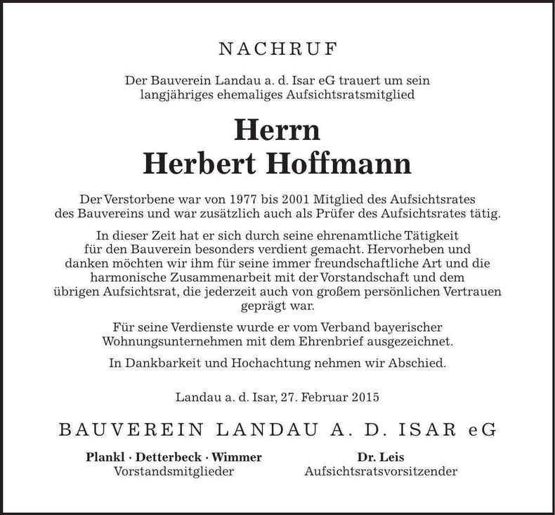 Traueranzeige Herbert Hoffmann