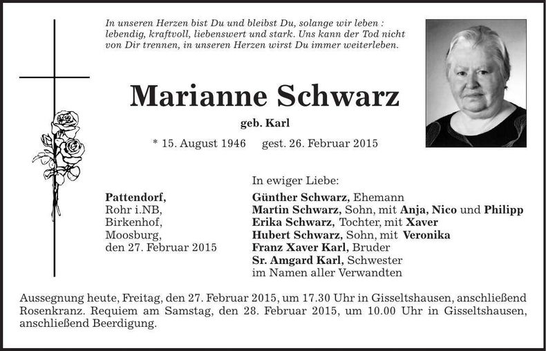 Traueranzeige Marianne Schwarz