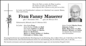 Traueranzeige Fanny Mauerer