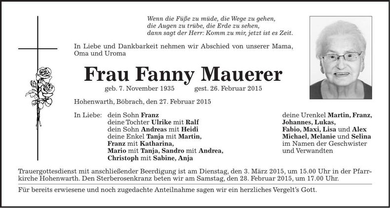 Traueranzeige Fanny Mauerer