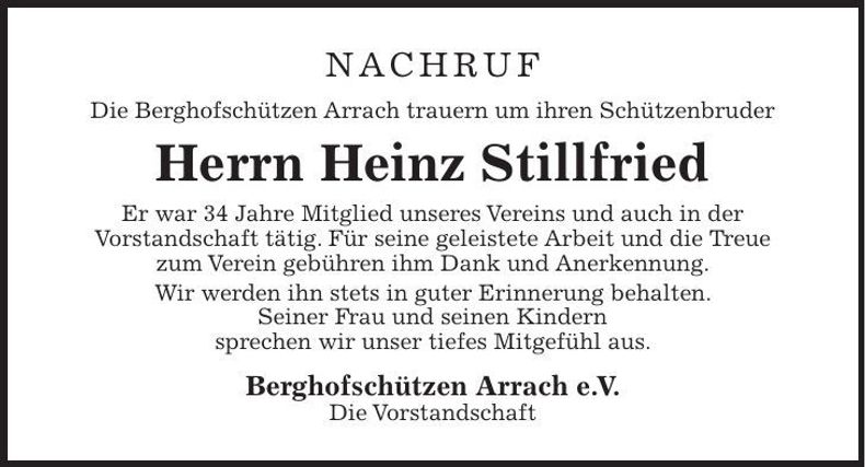 Traueranzeige Heinz Stillfried