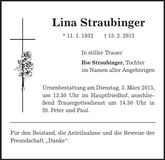 Traueranzeige Lina Straubinger