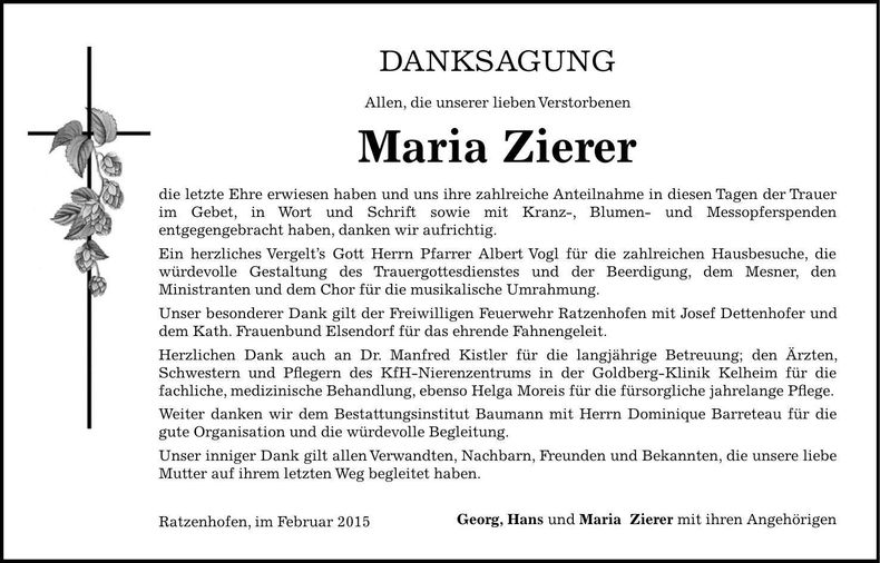 Traueranzeige Maria Zierer