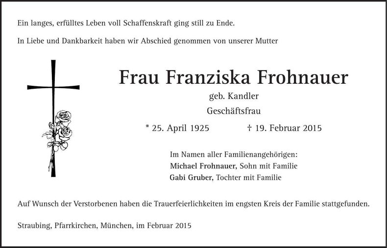 Traueranzeige Franziska Frohnauer