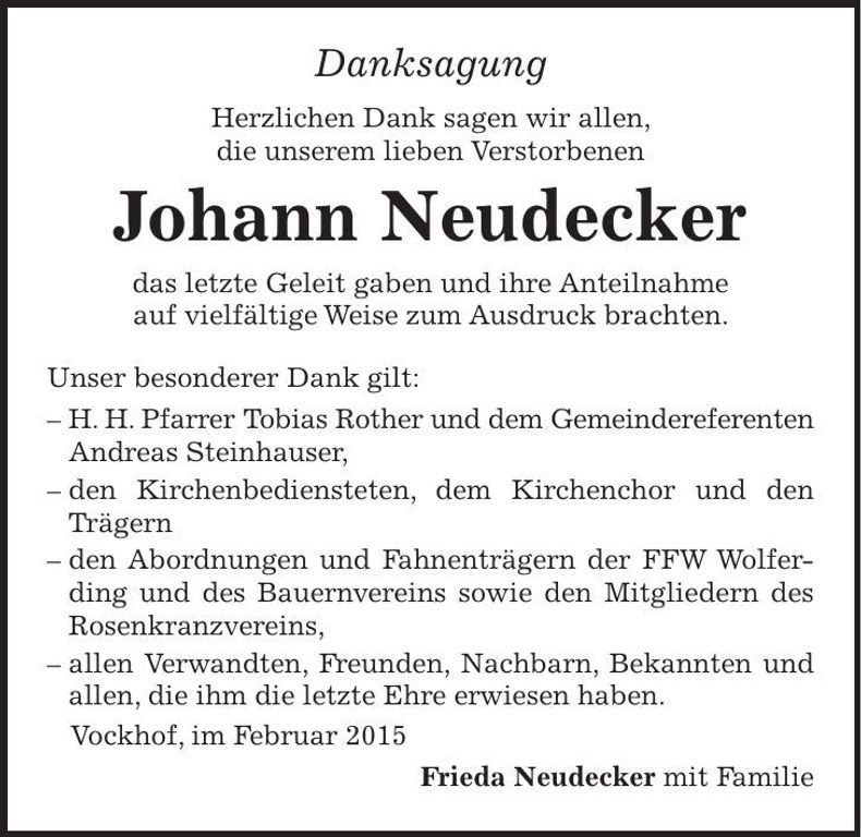 Traueranzeige Johann Neudecker