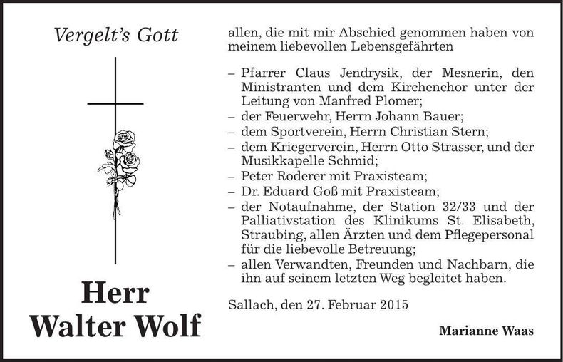 Traueranzeige Walter Wolf