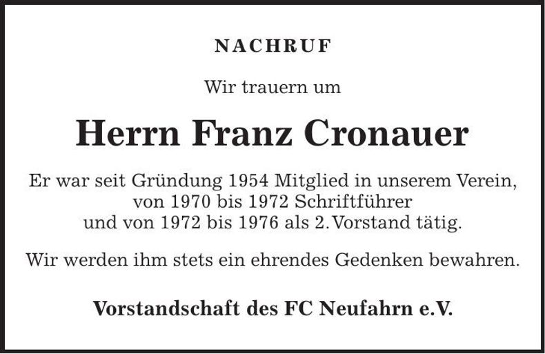 Traueranzeige Cronauer Franz