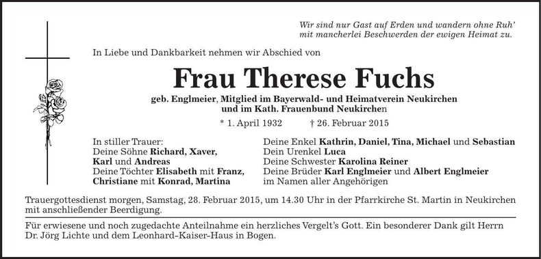 Traueranzeige Therese Fuchs