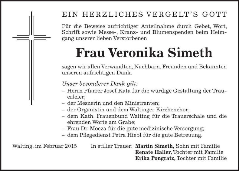 Traueranzeige Veronika Simeth