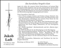 Traueranzeige Jakob Luft