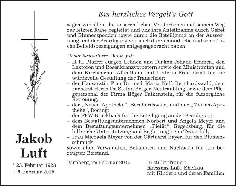 Traueranzeige Jakob Luft