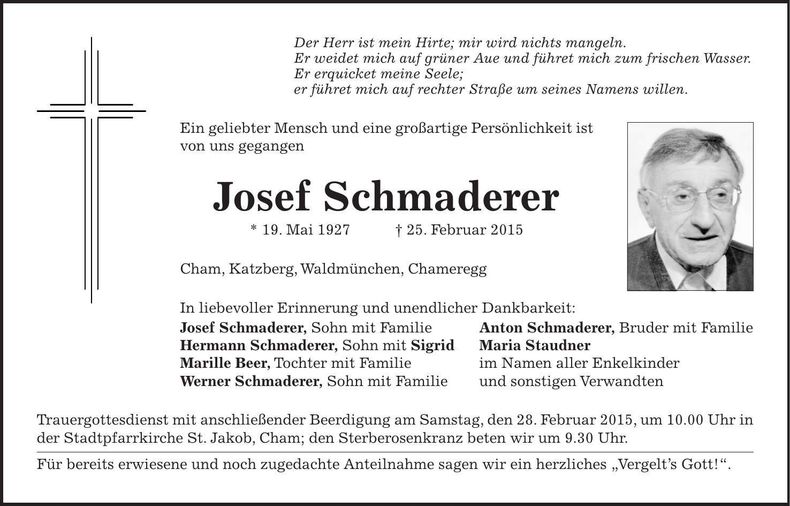 Traueranzeige Josef Schmaderer