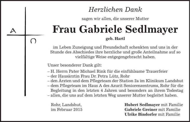 Traueranzeige Gabriele Sedlmayer