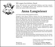 Traueranzeige Anna Langwieser