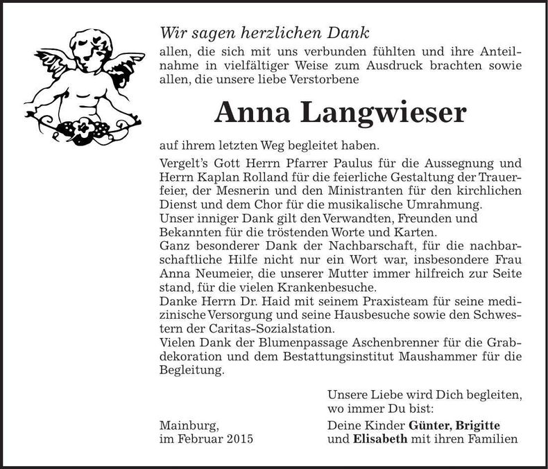 Traueranzeige Anna Langwieser