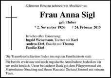 Traueranzeige Anna Sigl