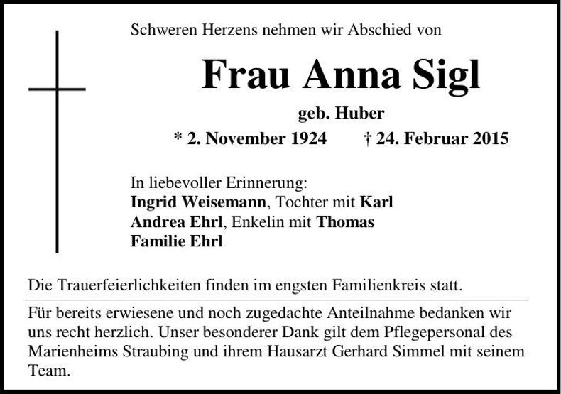 Traueranzeige Anna Sigl