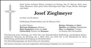 Traueranzeige Josef Zieglmeyer