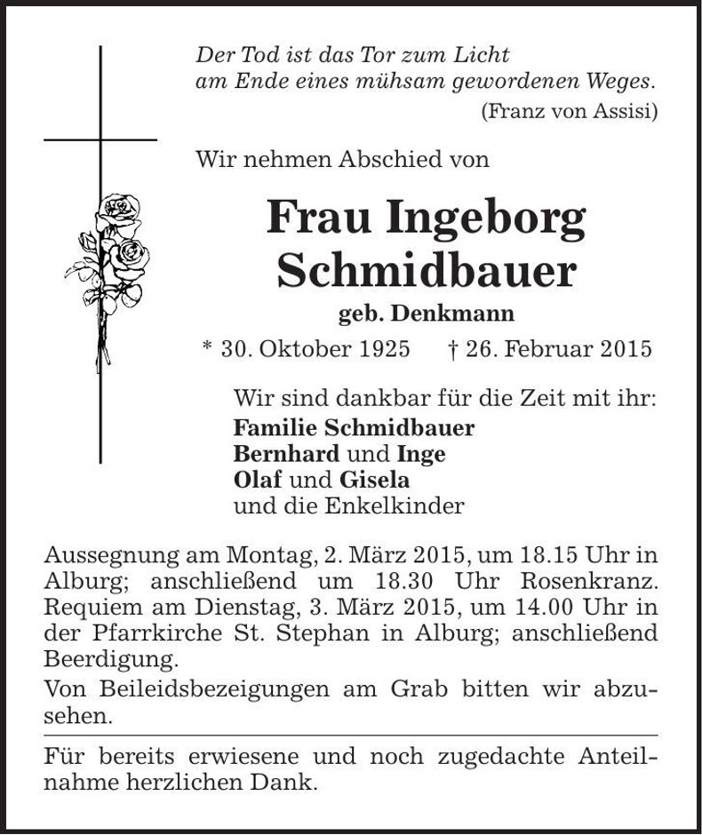 Traueranzeige Ingeborg Schmidbauer