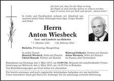 Traueranzeige Anton Wiesbeck