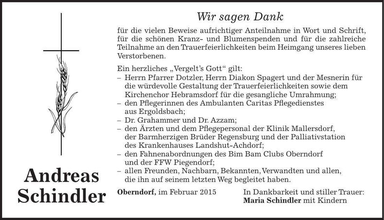 Traueranzeige Andreas Schindler