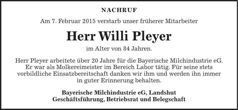 Traueranzeige Willi Pleyer