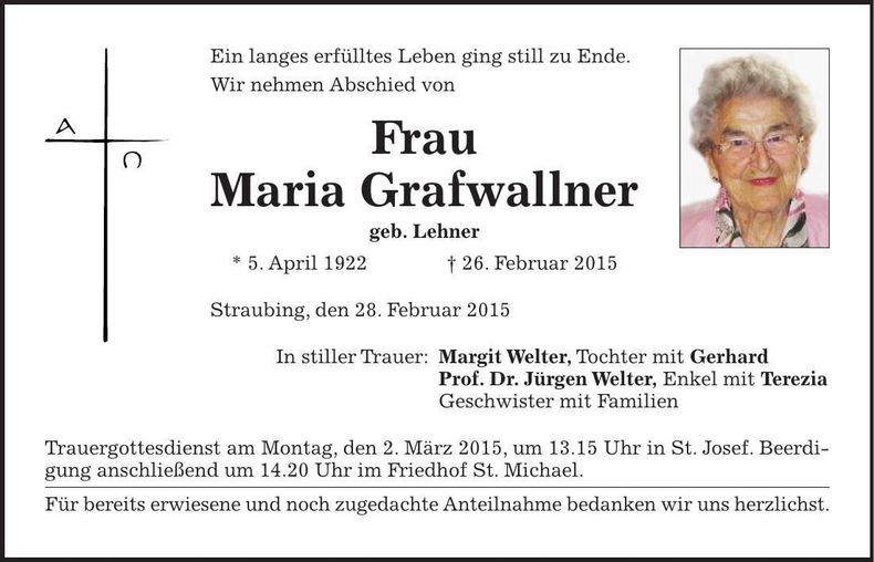 Traueranzeige Maria Grafwallner