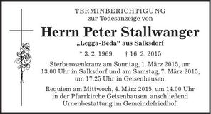 Traueranzeige Peter Stallwanger