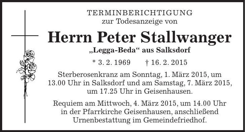 Traueranzeige Peter Stallwanger
