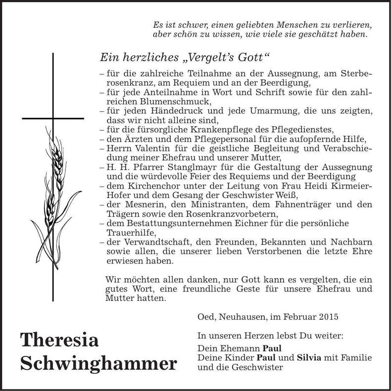 Traueranzeige Theresia Schwinghammer