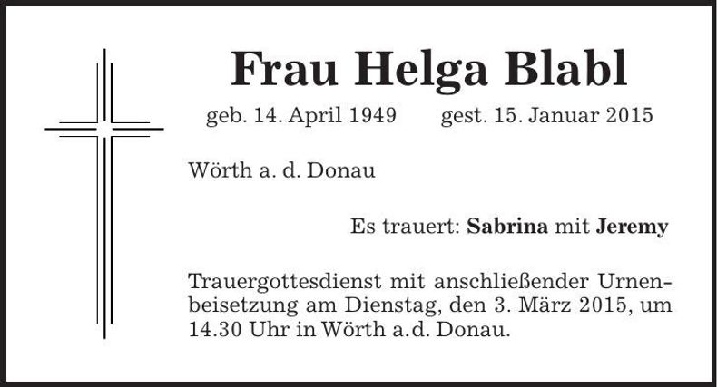 Traueranzeige Helga Blabl