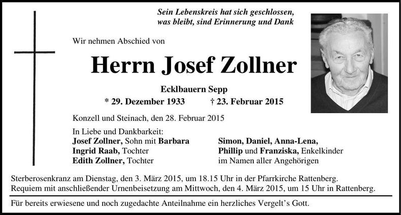 Traueranzeige Josef Zollner
