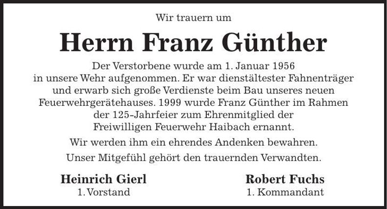 Traueranzeige Franz Günther