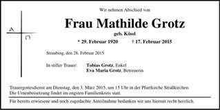Traueranzeige Mathilde Grotz