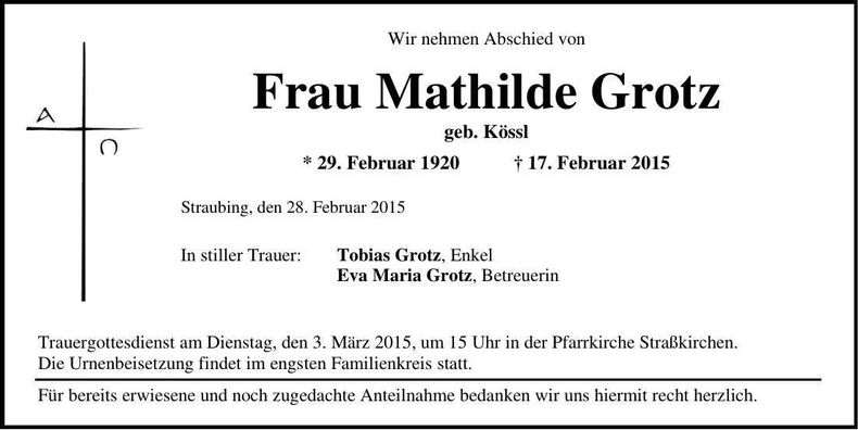 Traueranzeige Mathilde Grotz