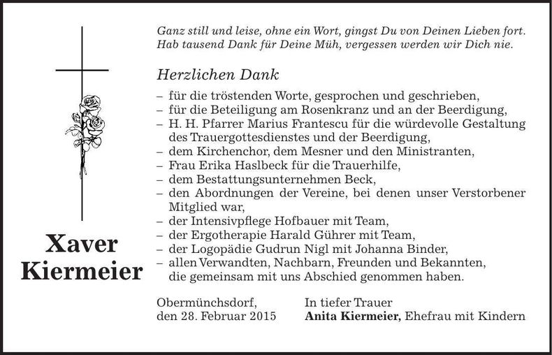Traueranzeige Xaver Kiermeier