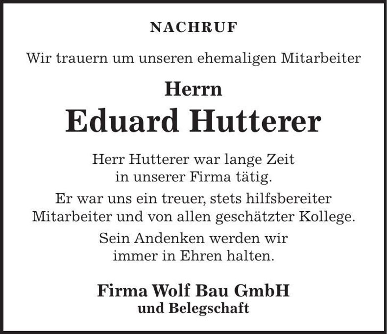 Traueranzeige Hutterer Eduard