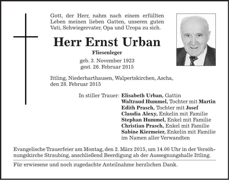 Traueranzeige Ernst Urban