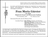 Traueranzeige Maria Gürster