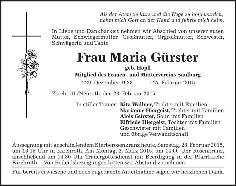 Traueranzeige Maria Gürster