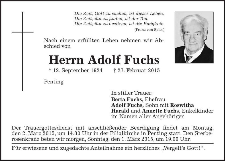 Traueranzeige Adolf Fuchs