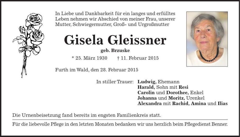 Traueranzeige Gisela Gleissner