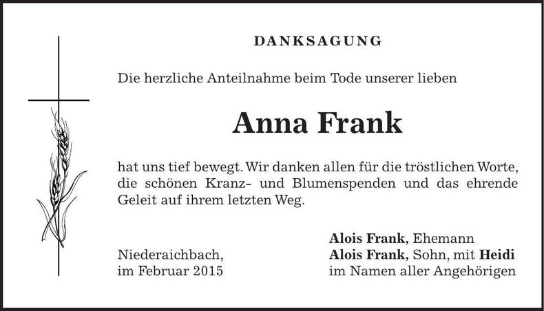 Traueranzeige Anna Frank