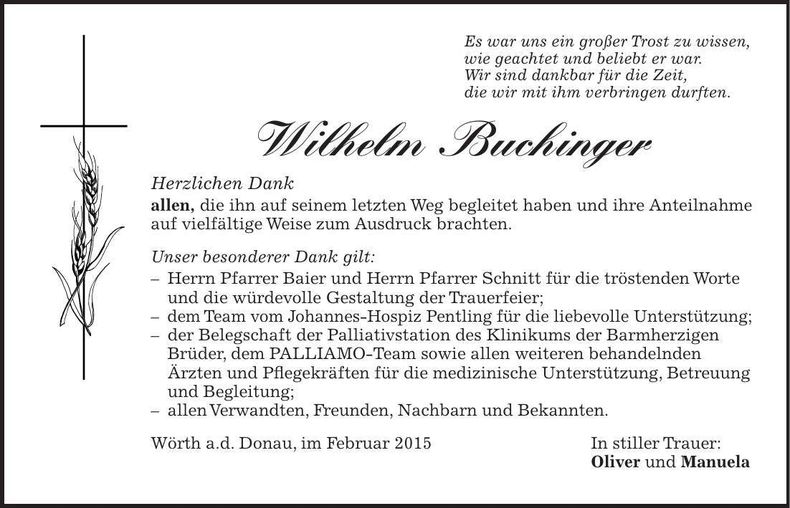 Traueranzeige Wilhelm Buchinger