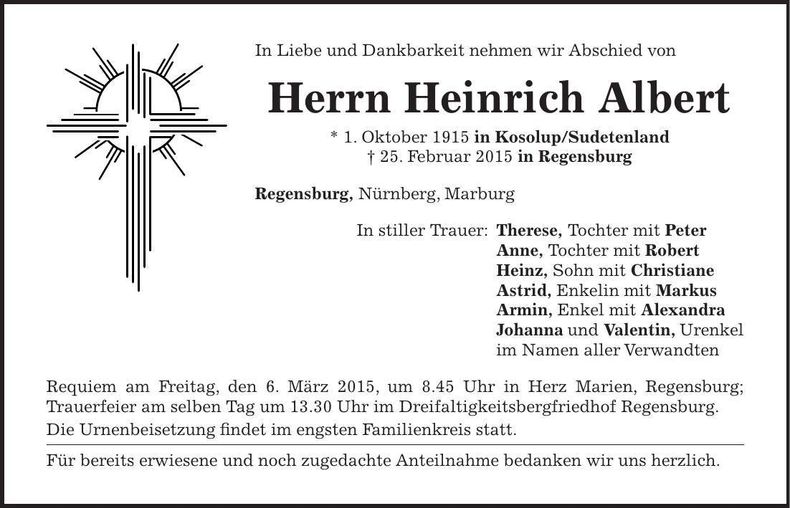 Traueranzeige Heinrich Albert